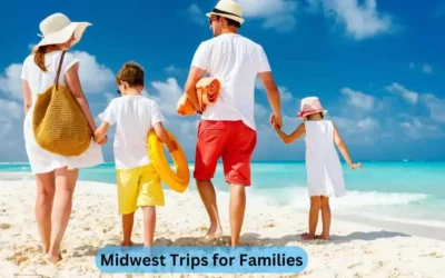 A family of four, dressed in summer attire, walks on a sandy beach towards the ocean. The adults carry beach bags and towels, while the children hold beach toys. The sky is clear and blue. Text at the bottom reads "Midwest Trips for Families.