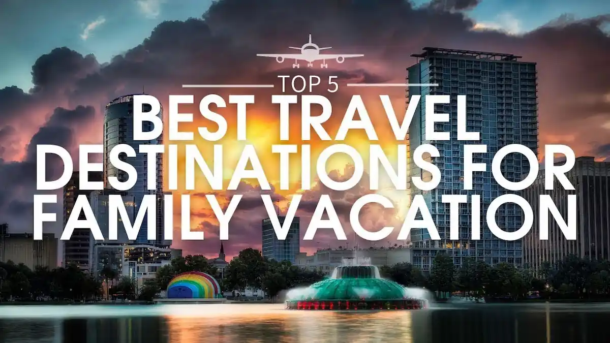 An urban skyline at sunset with modern high-rise buildings and a body of water in the foreground. Text over the image reads, "Top 5 Cheapest Midwest Destinations for families.