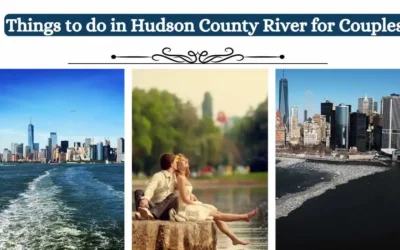 A banner reads "Things to do in Hudson County River for Couples." Below, three images are displayed: a skyline view of New York City from the river, a couple sitting by the river in a romantic pose, and another skyline view with partially frozen water.