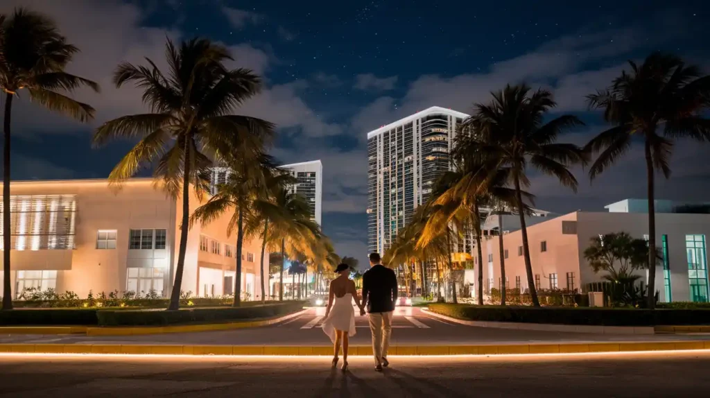 A couple holding hands walks down a palm-lined street at night, with modern buildings on either side and a starry sky above. The street is illuminated by soft, warm lighting, creating a romantic atmosphere.
