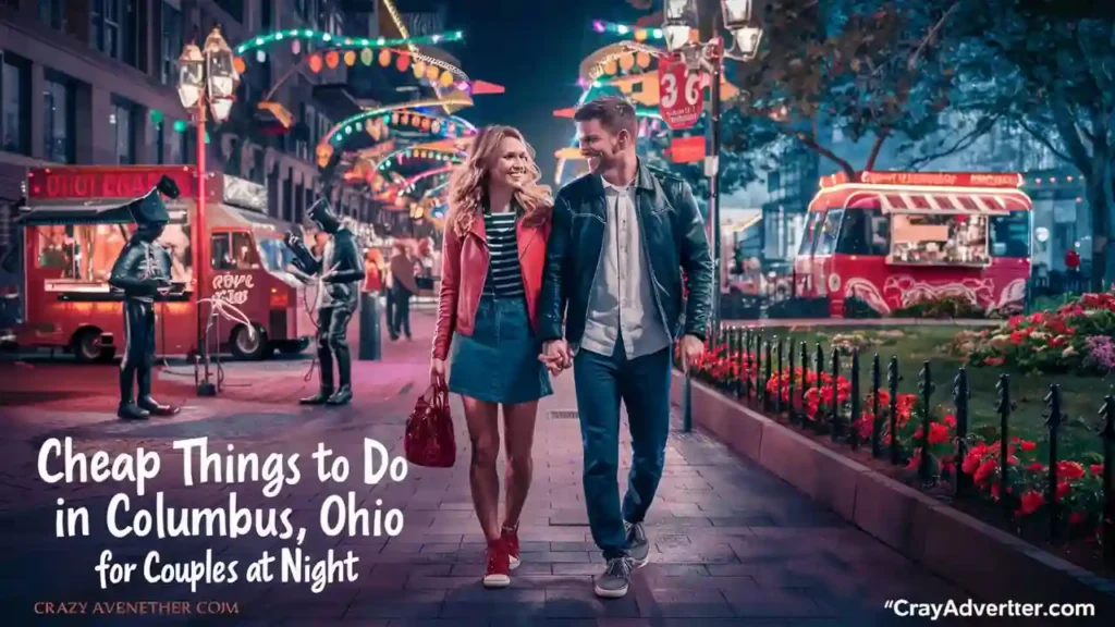 A couple strolls hand-in-hand through a lively, colorful street fair at night. Bright lights and food trucks line the pathway, while others enjoy the festive atmosphere. Text reads: "Cheap Things to Do in Columbus, Ohio for Couples at Night.
