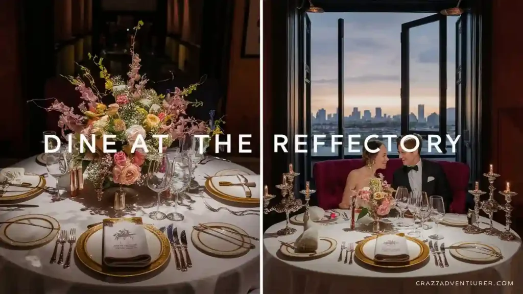 Two-part image: left side shows an elegant dining table set with fine china, floral centerpiece, and candle holders. Right side captures a couple dining by a window with a cityscape sunset view. Text overlay reads, "Dine at the Refectory.
