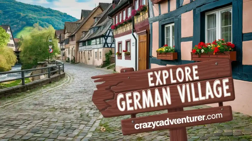 A cobblestone street lined with traditional half-timbered houses adorned with flower boxes in a German village. A wooden sign in the foreground reads "Explore a German Village" with "crazyadventurer.com" underneath. Lush green hills are visible in the background.
