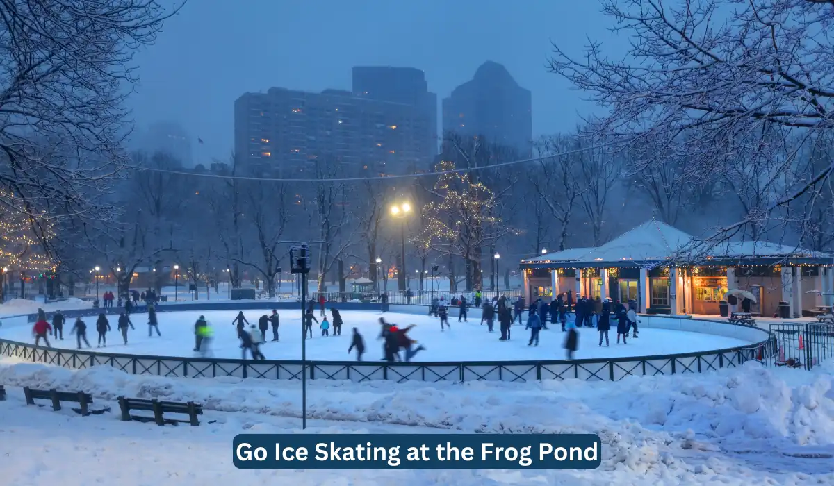 An outdoor ice skating rink filled with people skating at dusk. The surrounding area is decorated with string lights, and a wooden pavilion is situated nearby. Snow-covered trees frame the scene, with a cityscape of tall buildings in the background. Text reads, "Go Ice Skating at the Frog Pond.
