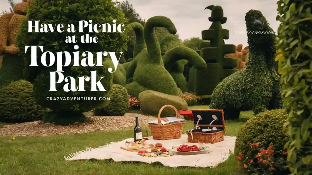 A scenic picnic setup on a grassy area with a white blanket, picnic basket, wine, and snacks. Surrounding the picnic are intricately shaped topiary bushes, including figures of animals and abstract designs. The text reads, "Have a Picnic at the Topiary Park.
