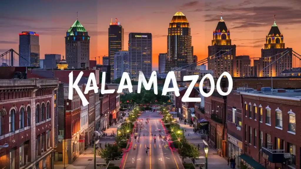 A vibrant, colorful sunset over a city skyline with the word "KALAMAZOO" prominently displayed in white text. The city features illuminated buildings of varying heights and architectural styles, with a main street lined with trees leading into the foreground.
