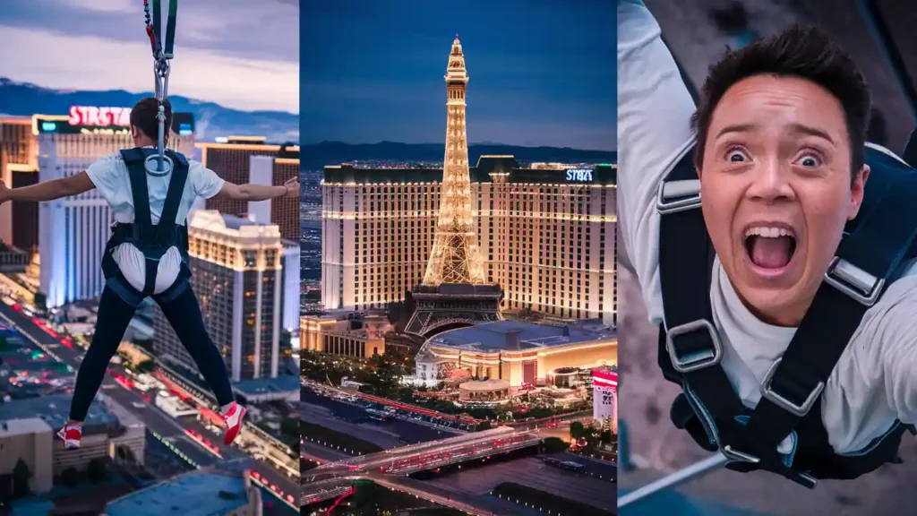 Three images side by side: (1) Person in a harness mid-air above a cityscape, mostly facing away from the camera. (2) Night view of a city with a lit-up replica of the Eiffel Tower as a focal point. (3) Close-up of a person’s excited face during an aerial activity.
