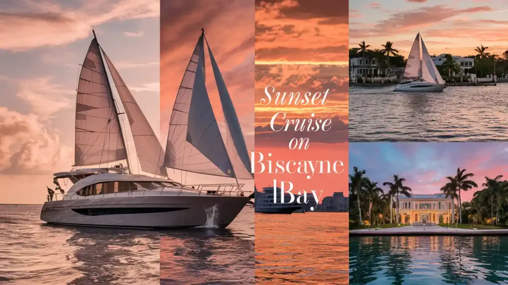 Collage of images showcasing a luxury yacht sailing at sunset, a serene waterside mansion with palm trees, and the text "Sunset Cruise on Biscayne Bay" over a vibrant sunset sky. The yacht glides through calm waters, and the mansion reflects a tranquil coastal lifestyle.