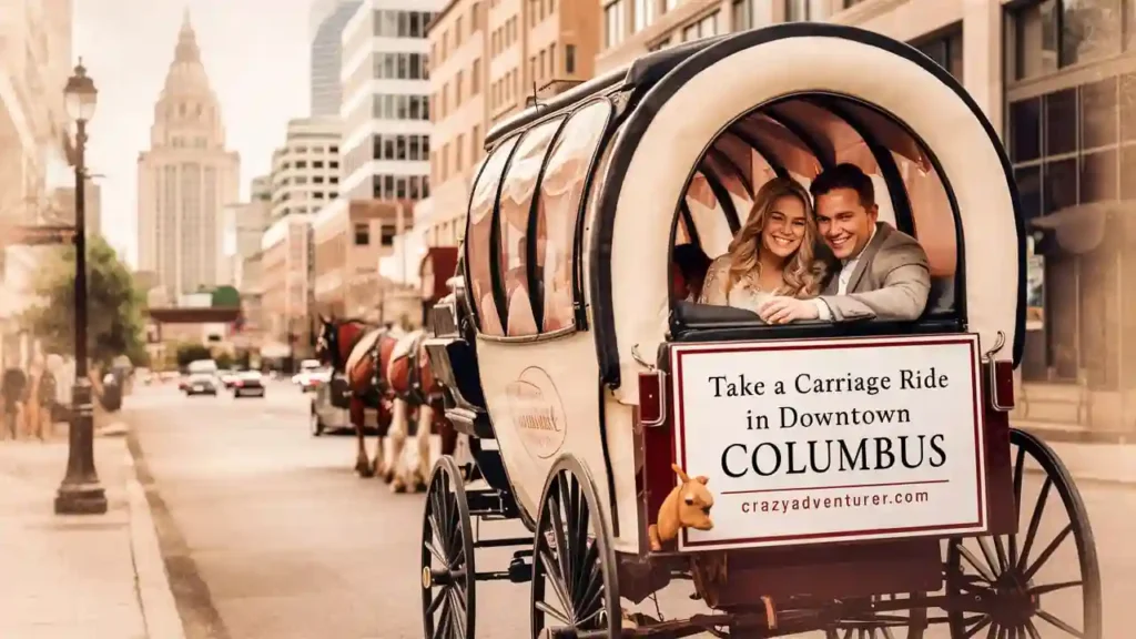 A couple enjoys a carriage ride in downtown Columbus. They are smiling and seated in a white horse-drawn carriage. A sign on the carriage reads, "Take a Carriage Ride in Downtown Columbus." A plush toy is attached to the sign. Buildings and a few cars are in the background.
