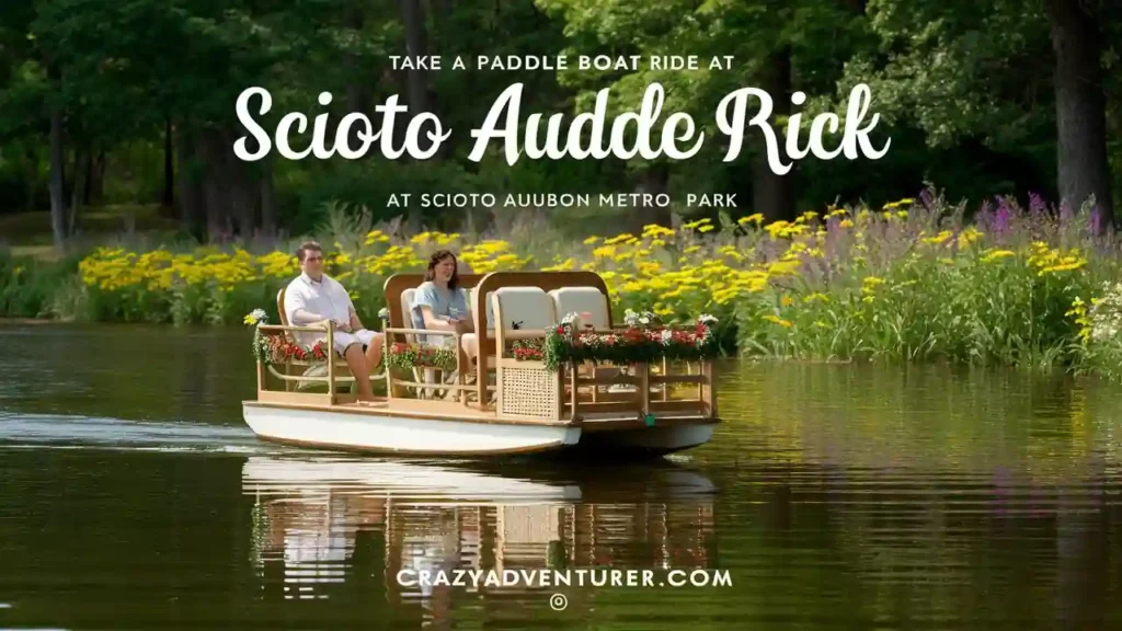 Two people enjoy a paddle boat ride on a calm river surrounded by lush greenery and yellow wildflowers. The boat has comfortable seating and flower decorations. Text on the image reads, "Take a paddle boat ride at Scioto Audubon Metro Park. crazyadventurer.com".
