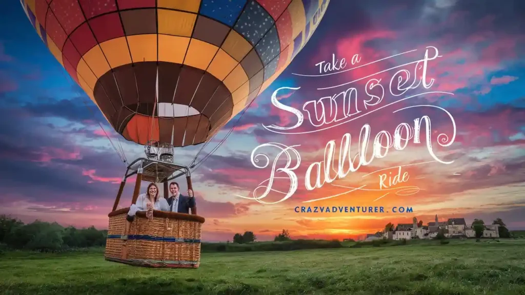 A hot air balloon with multicolored panels is floating above a grassy field during a vibrant sunset. There are three people in the basket. The text on the image reads: "Take a Sunset Balloon Ride - CRAZYADVENTURER.COM". A village and trees are visible in the background.
