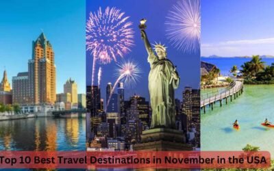 A collage shows Milwaukee with a river and tall buildings, New York City skyline with fireworks and the Statue of Liberty, and Key West island with a white sand beach, blue water, and kayakers. Text reads: "Top 10 Best Travel Destinations in November in the USA.