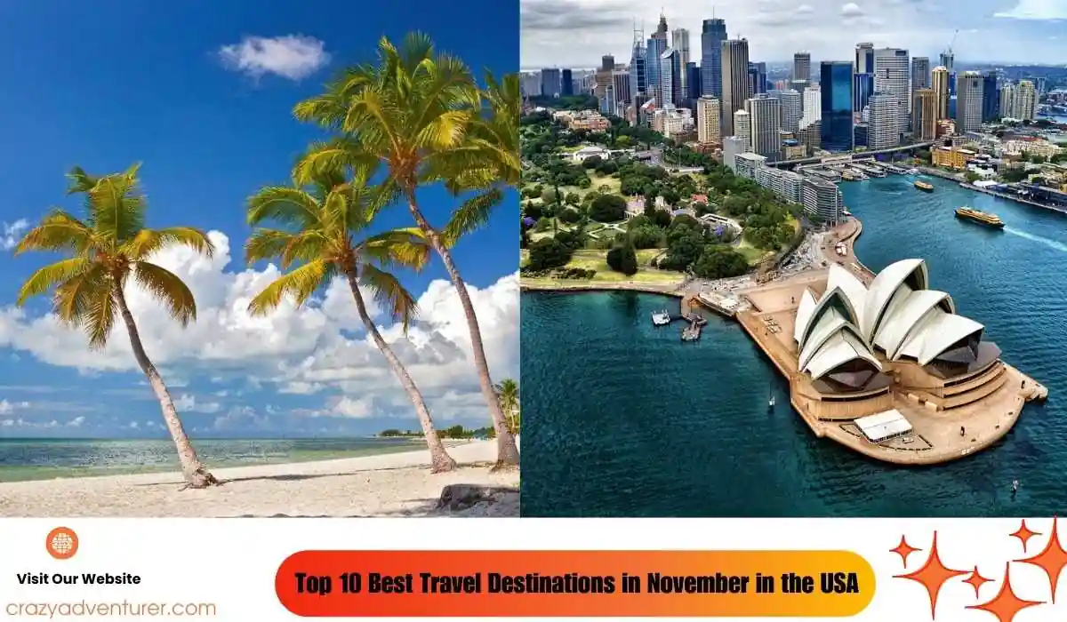 Split-screen image showing a tropical beach with palm trees and blue skies on the left and a cityscape with the Sydney Opera House and harbor on the right. Text at the bottom reads, "Top 10 Best Travel Destinations in November in the USA.
