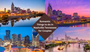 Four images of Nashville, Tennessee at sunset and nighttime, with a central diamond-shaped text box that reads "Romantic Things to do in Nashville Tennessee for Couples." The city skyline, river, and bridges are prominently featured in each image.