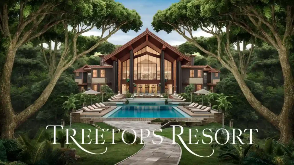 A luxurious resort surrounded by lush greenery features a large, inviting swimming pool in front of a grand, lodge-style building with large windows. Lounge chairs line the pool area, and a stone path leads up to the entrance. Text at the bottom reads "TREETOPS RESORT.
