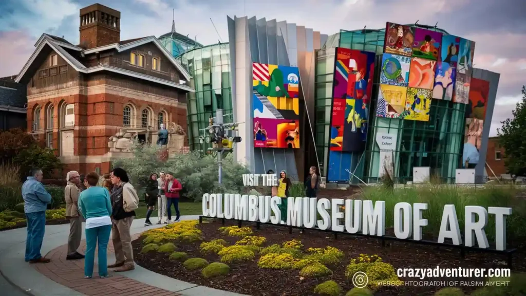 A group of people standing near the entrance sign of the Columbus Museum of Art. The colorful and modern museum building features vibrant, abstract artwork on its facade. Historic building in the background and landscaped gardens with bright flowers in the foreground.
