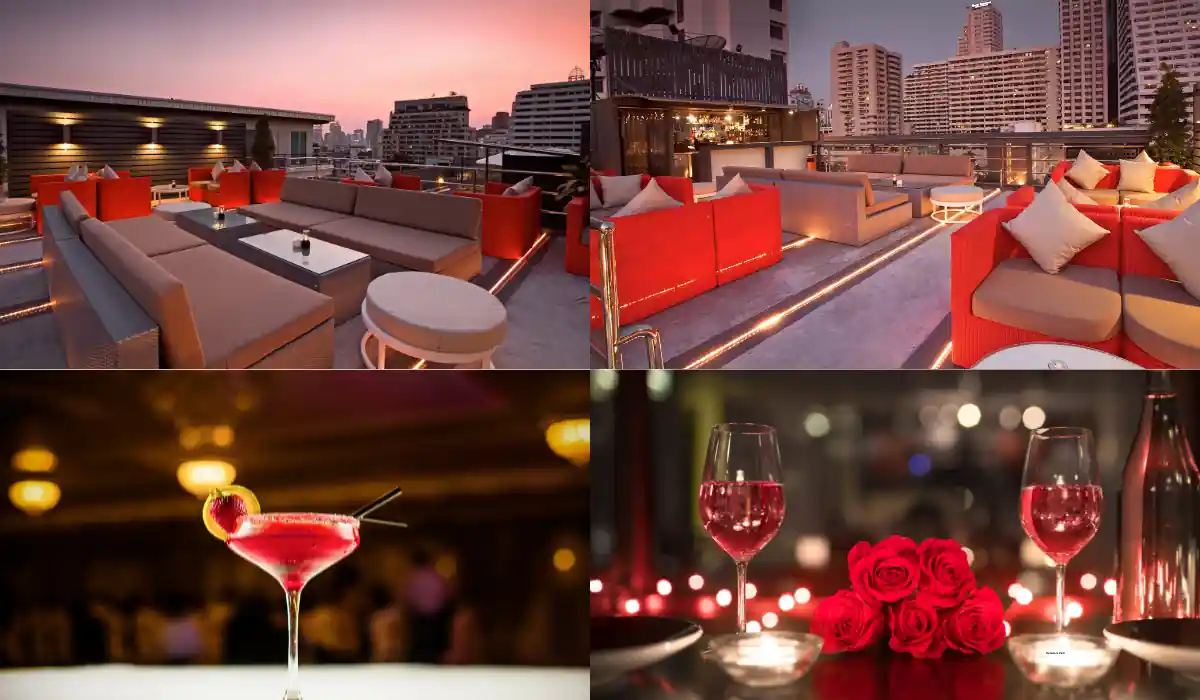 Split image: Top shows a rooftop bar with modern seating at sunset, city skyline in the background. Bottom left features a cocktail with a cherry garnish. Bottom right displays two glasses of wine, red roses, and candles on a dimly lit table.
