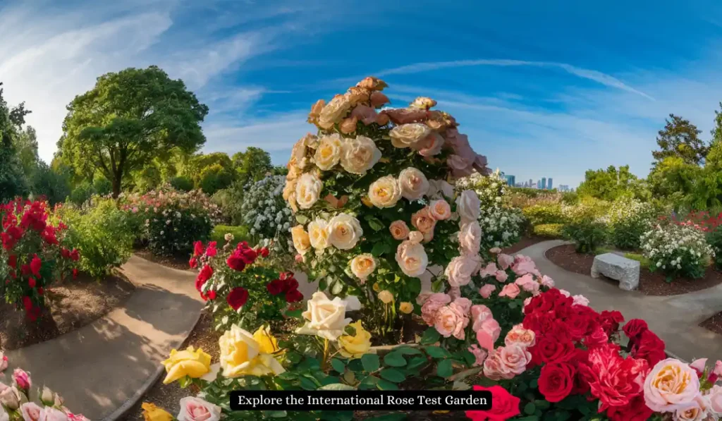 A vibrant rose garden with various colored roses, including pink, red, yellow, and white, bloom under a clear blue sky. Pathways wind through the lush greenery, and city buildings are visible in the distant background.
