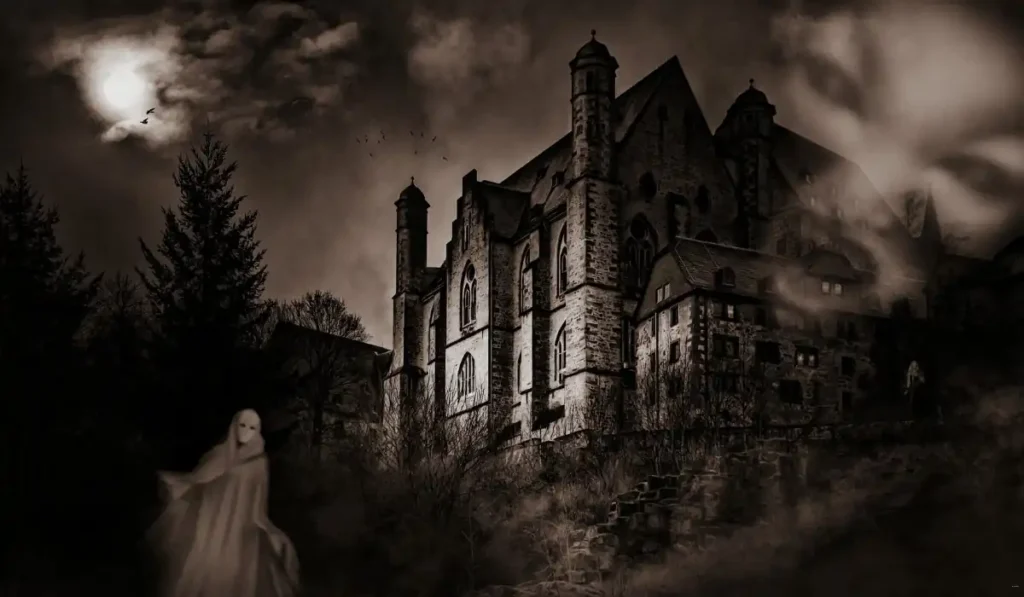 A mysterious, gothic-style building looms under a cloudy, moonlit sky with bats. Fog swirls around the stone façade, and a ghostly figure in white appears in the foreground, adding to the eerie atmosphere.
