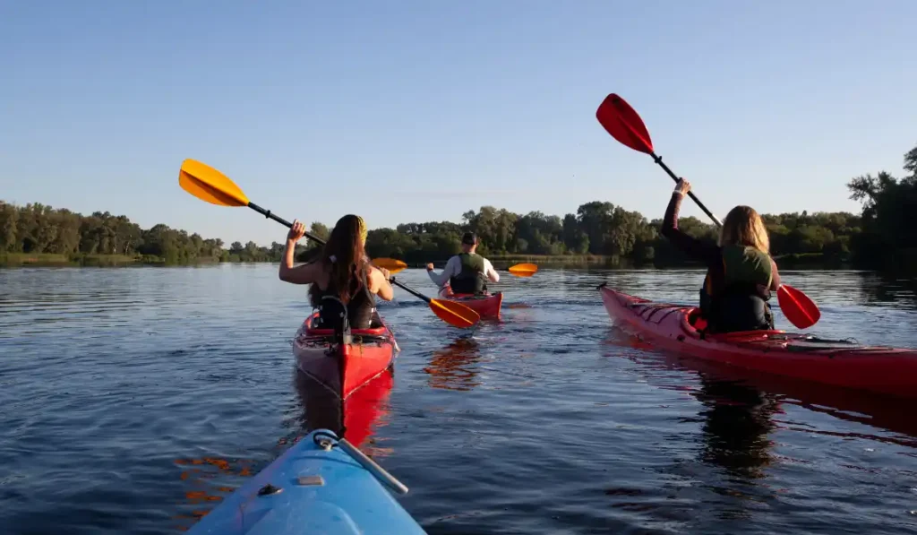 Three people kayaking on a calm lake. Two are in red kayaks with yellow paddles, and one is in a blue kayak. They paddle under a clear blue sky with tree-lined shores in the background, enjoying the serene water.
