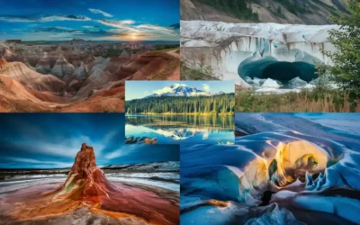 Collage of stunning landscapes: colorful badlands at sunset, icy glacial cave, serene lake with mountain reflection, vibrant geothermal formation, and colorful frozen cave. Each image captures natural beauty and diverse terrains.