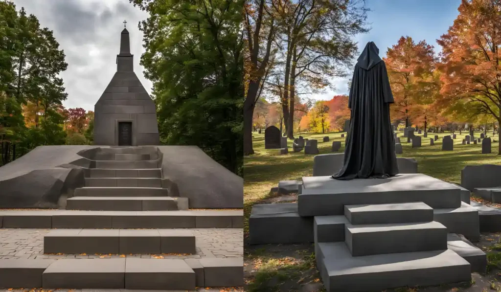 Left: A stone pyramid structure with steps leading to a door, surrounded by trees. Right: A statue of a cloaked figure on a stepped pedestal in a cemetery with autumn foliage.
