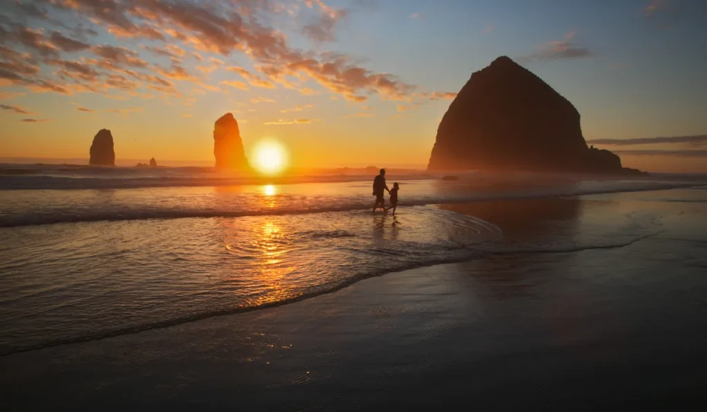 Silhouetted figures of a person and a child walk hand in hand along the shoreline at sunset. Large rock formations rise from the sea, and the sky is painted with orange and pink hues reflected in the wet sand.
