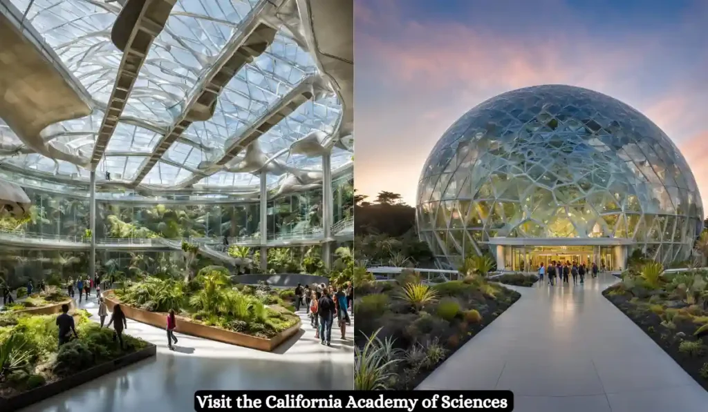 Split image showing two views of the California Academy of Sciences. On the left, an indoor rainforest exhibit with visitors, lush plants, and a glass roof. On the right, the building's exterior features a large, illuminated, glass-domed structure at dusk.
