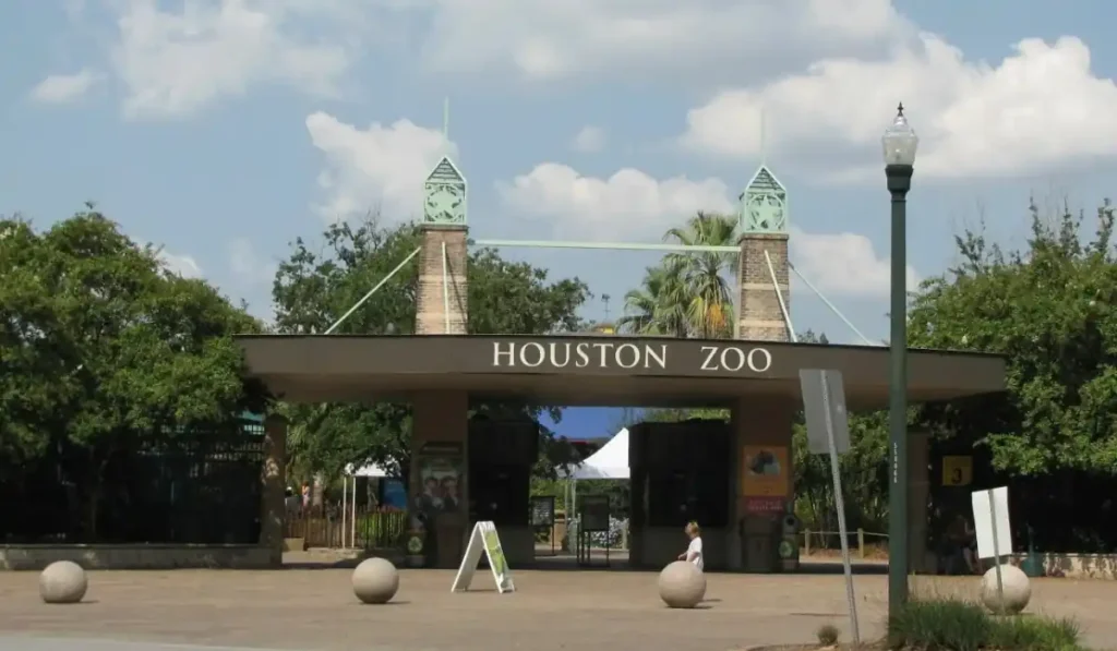 Entrance to the Houston Zoo with stone pillars and green accents under a partly cloudy sky. Trees surround the entryway, and signs are visible near the pathway.
