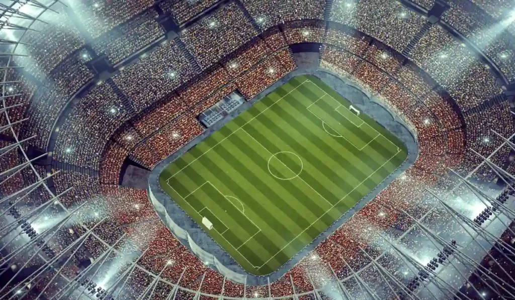 A brightly lit stadium packed with a large crowd, centered on a lush green soccer field under evening lights. The view is from above, showcasing the rectangular field, surrounding stands, and a vibrant atmosphere.
