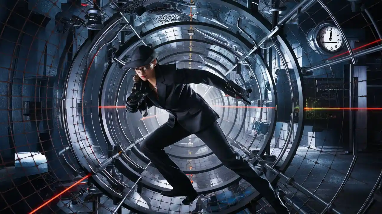 A person wearing a black outfit and cap skillfully maneuvers through a high-tech security laser grid inside a metal tunnel. The setting is futuristic, with a clock in the background and red laser beams crossing the scene.
