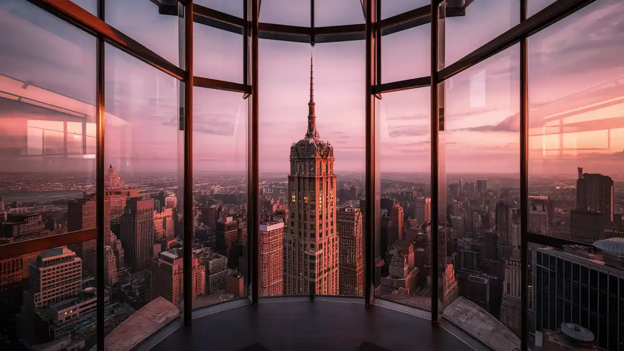 View from a glass-walled observation deck overlooking a cityscape at sunset. The skyline features numerous skyscrapers, with one prominent building topped by a spire, bathed in pink and orange hues from the setting sun.
