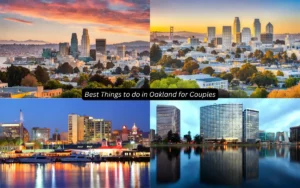 Collage of Oakland skyline views and waterfront landscapes at different times of day, showcasing urban and natural beauty. Text reads, Best Things to do in Oakland for Couples.