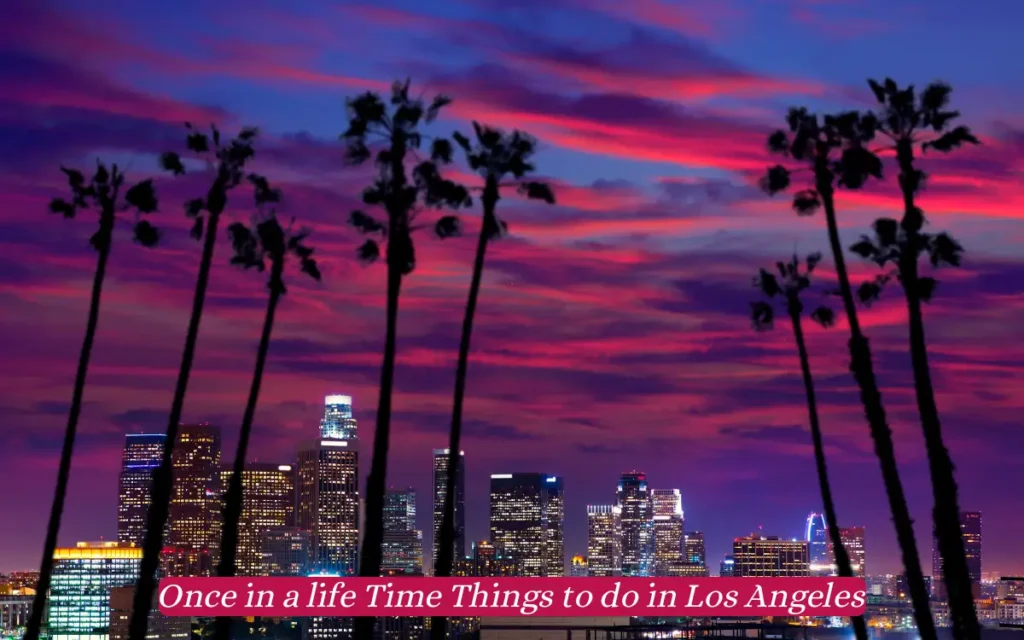 A vibrant evening sky with pink and purple hues over the Los Angeles skyline, framed by tall palm trees. Text at the bottom reads, Once in a lifetime things to do in Los Angeles.