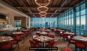 A restaurant with red chairs, wooden ceilings, and modern spiral lighting. Large windows offer a panoramic view of a cityscape, creating a romantic dining atmosphere. Romantic Restaurants in Dallas