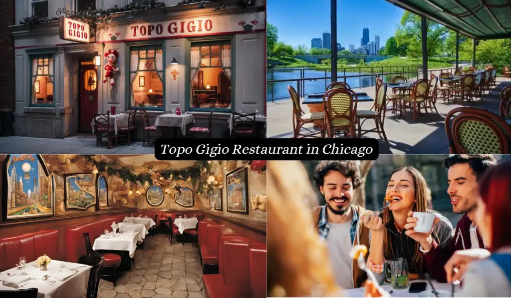 Collage of Topo Gigio Restaurant in Chicago: exterior view with sign and awning, outdoor patio with city skyline, cozy interior with ornate decor, and group of friends happily dining together.