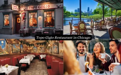 Collage of Topo Gigio Restaurant in Chicago: exterior view with sign and awning, outdoor patio with city skyline, cozy interior with ornate decor, and group of friends happily dining together.