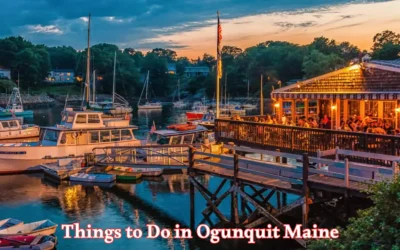 A vibrant evening scene at a marina in Ogunquit, Maine. Boats are docked by a wooden pier, and a restaurant with glowing lights is bustling with people. Trees and houses are visible in the background under a twilight sky.